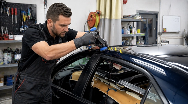 Technician repairing hail dents on car roof using paintless dent repair tools in auto body shop