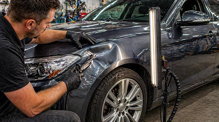 Technician performing paintless dent repair on car fender using precision tool and LED inspection light in auto body shop
