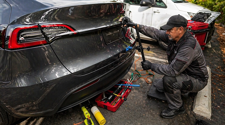 Mobile paintless dent repair technician in work uniform fixing dent on car trunk using professional pulling tool outdoors