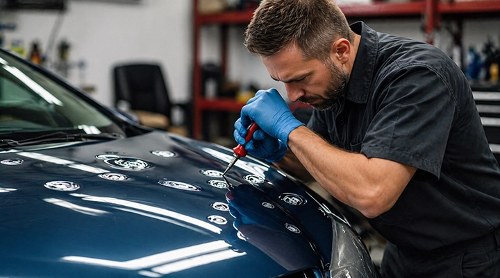 Technician performing paintless dent repair on a car hood, using precision tools to remove multiple small dents from hail damage.