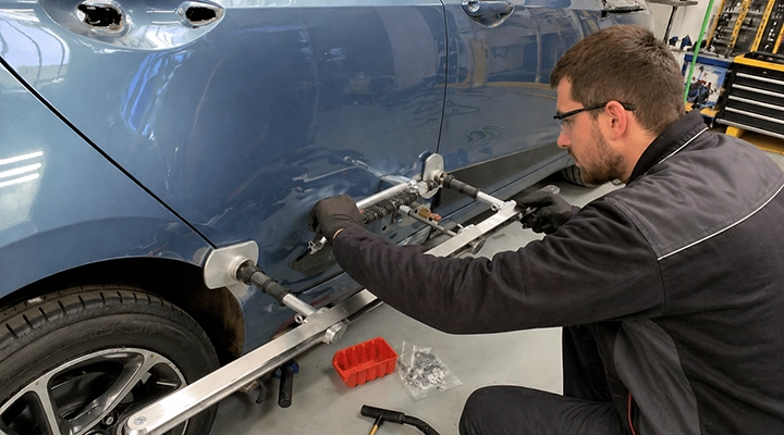 Auto repair technician using a dent-pulling tool to fix a damaged car door panel in a professional body shop.