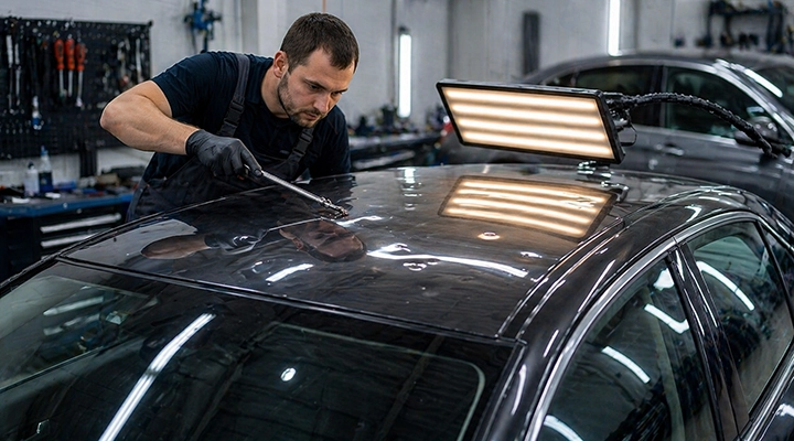 Technician repairing hail dents on car roof using paintless dent repair rod and LED reflection light in auto body shop